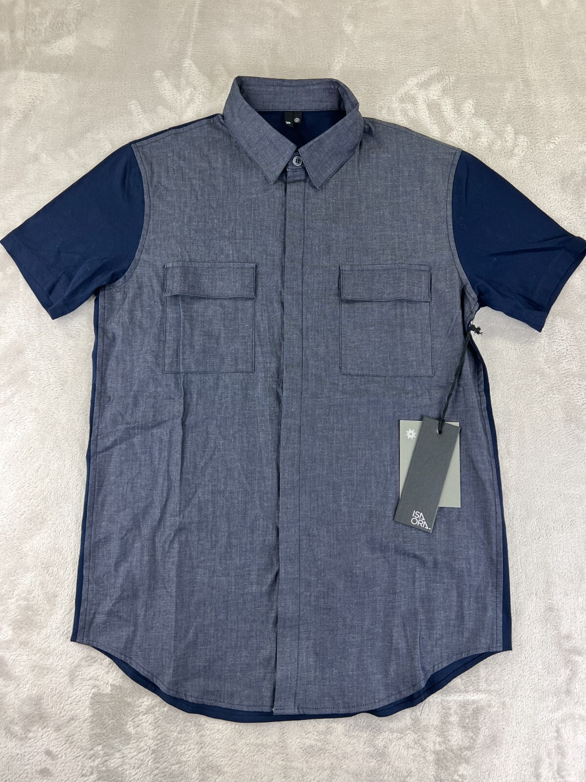 ISAORA Chambray BUTTON DOWN SHIRT SMALL Knit Back Blue Made in USA NEW w/ tags!! gallery