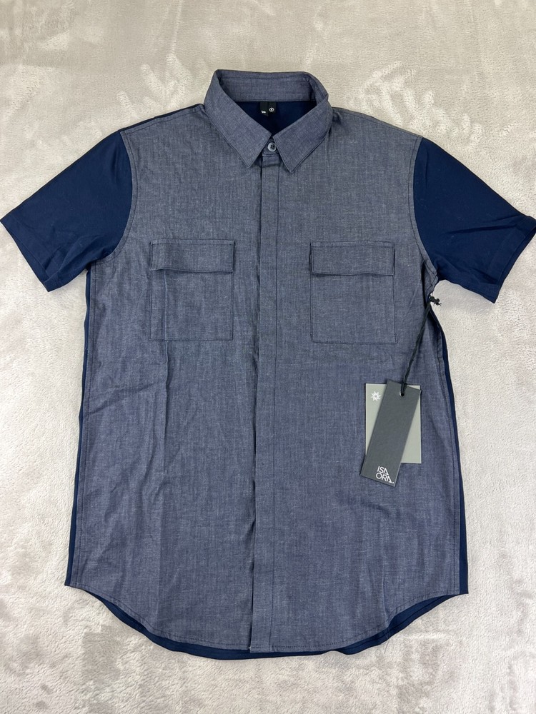 ISAORA Chambray BUTTON DOWN SHIRT SMALL Knit Back Blue Made in USA NEW w/ tags!!