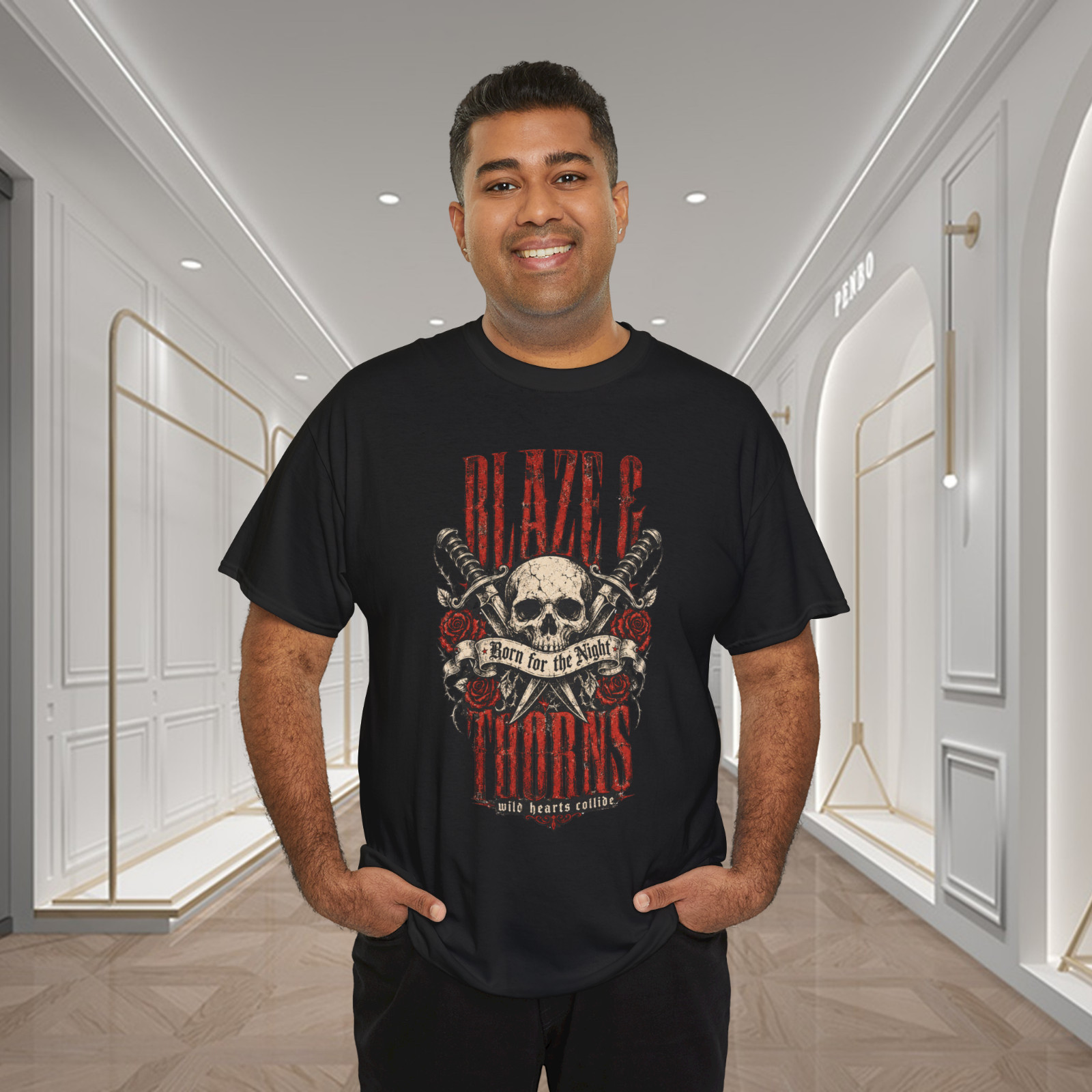 Blaze And Thorns Skull Roses Gothic Rock Graphic T-Shirt