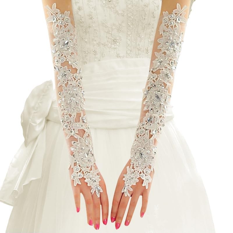 White Lace Rhinestone Fingerless Bridal Glove,Lace Gloves Long,Prom For Weddi…
