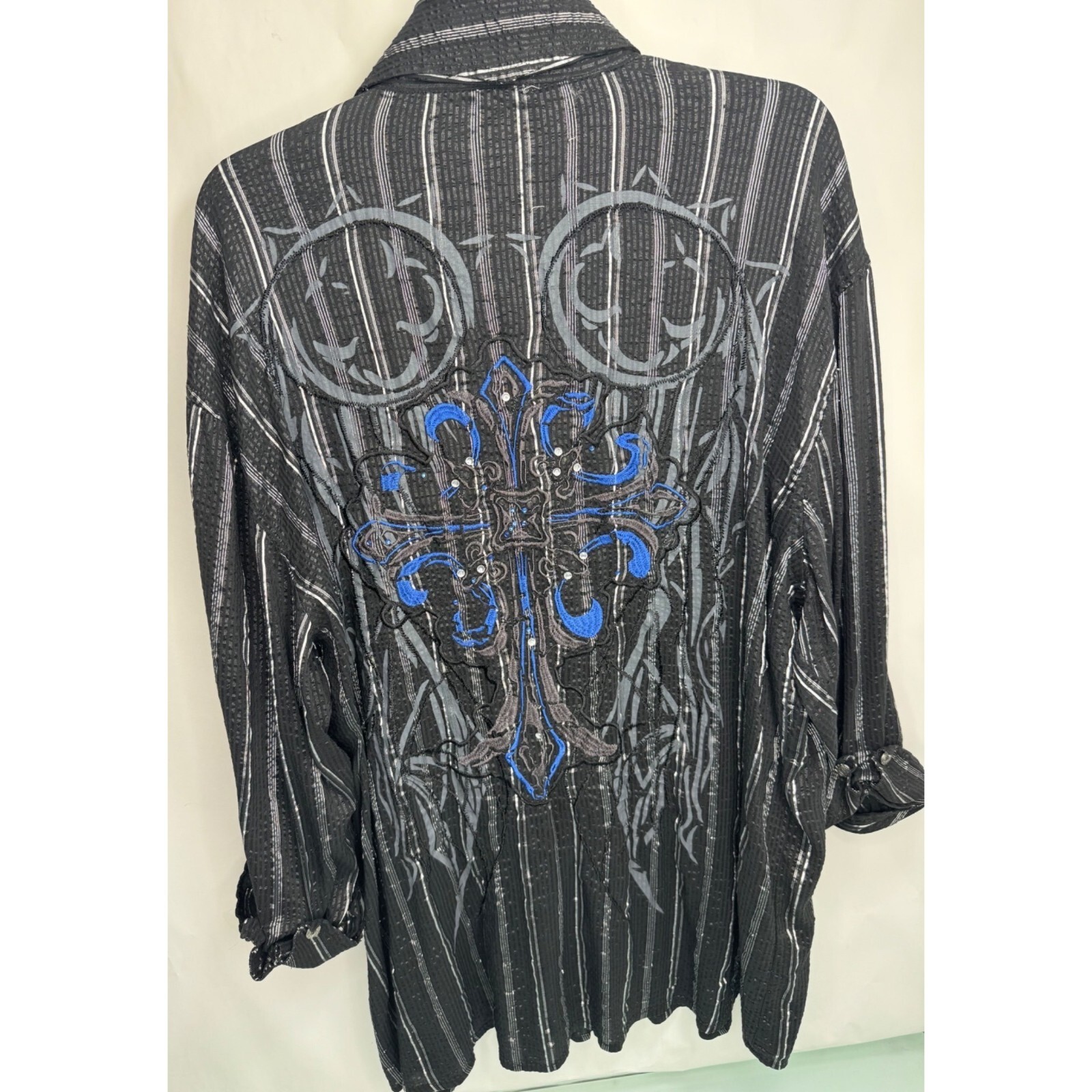 VTG Men Shirt Y2K Semi Sheer Metallic Embroidered Cross 3/4 Sleeve Bling Goth XL gallery