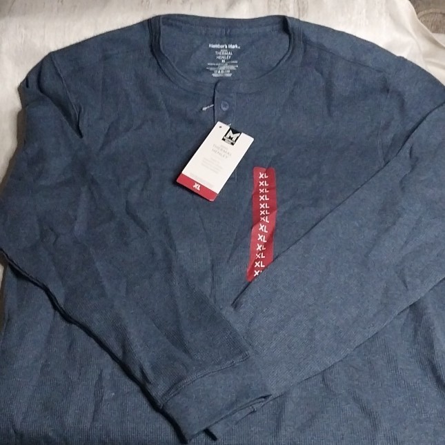 Members Mark Thermal Henley Mens XL Long Sleeve Waffle Knit Shirt Blue NWT