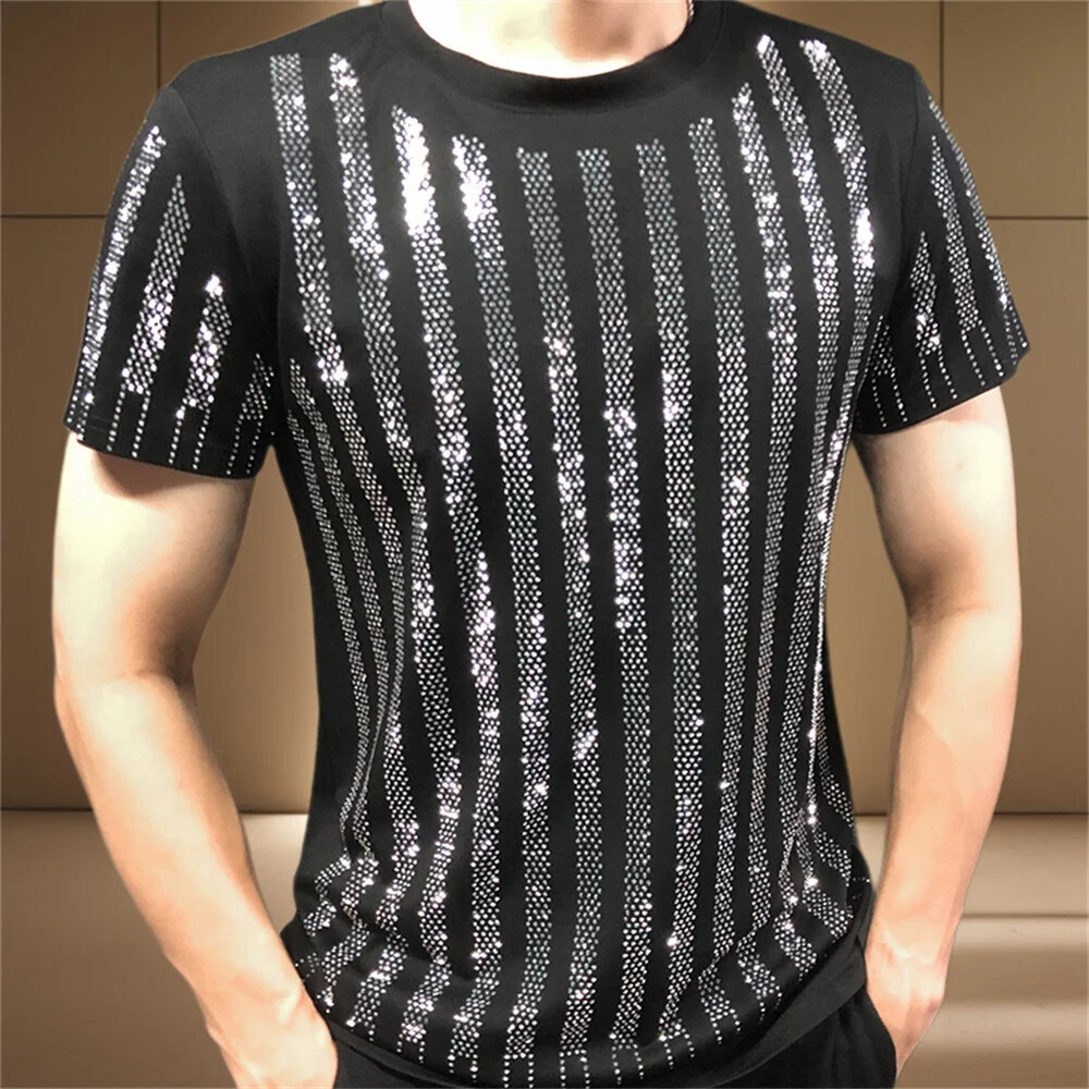 New Men Luxury Diamond Rhinestones Fashion Black T-Shirt High Quality gallery