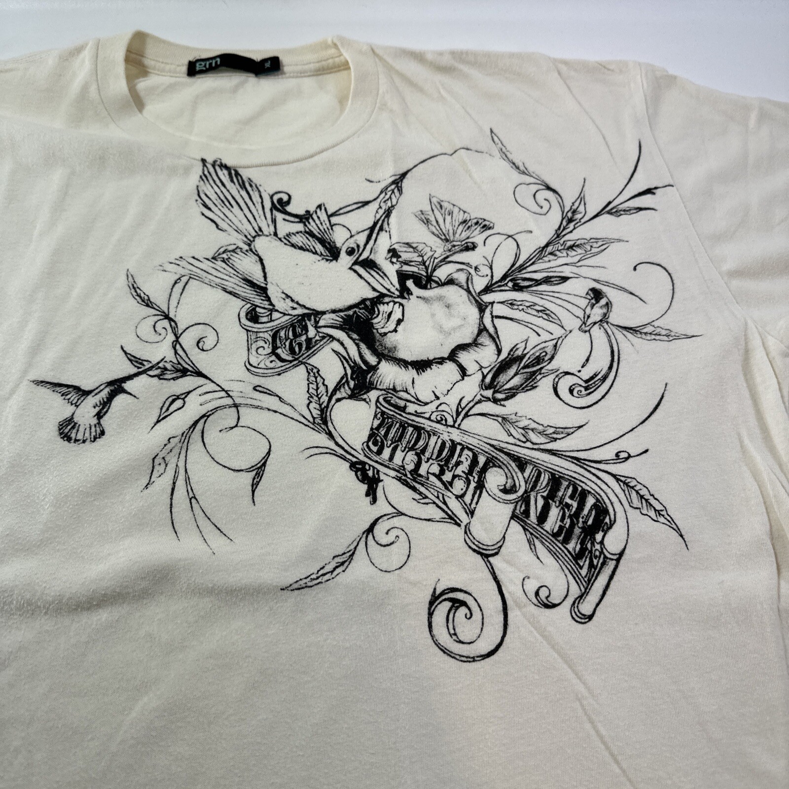 GRN Green Apple Designer Cream T Shirt Mens Sz XL Hummingbird Flowers Banner gallery