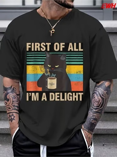 1pc First Of All I'm A Delight" Sarcastic Angry Cat Print T-Shirt for Men, gallery