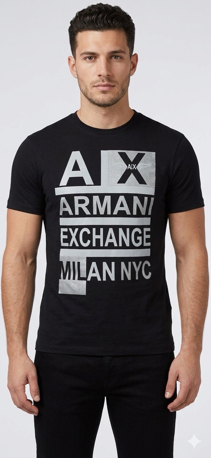 $50 ARMANI EXCHANGE Black STACKED Short Sleeve Slim Fit Designer T-shirt NWT gallery