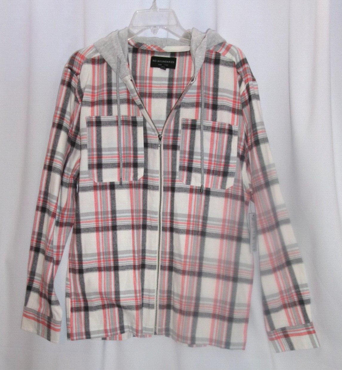 NWT No Boundaries Men’s S 34-36 Zip Hooded Gray Plaid Lightweight Flannel Shirt gallery