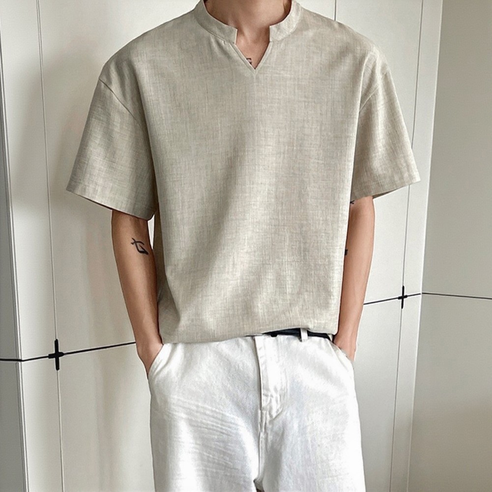 Loose Fit Men's T-Shirt Imitation Linen V Neck Short Sleeve Summer Top gallery
