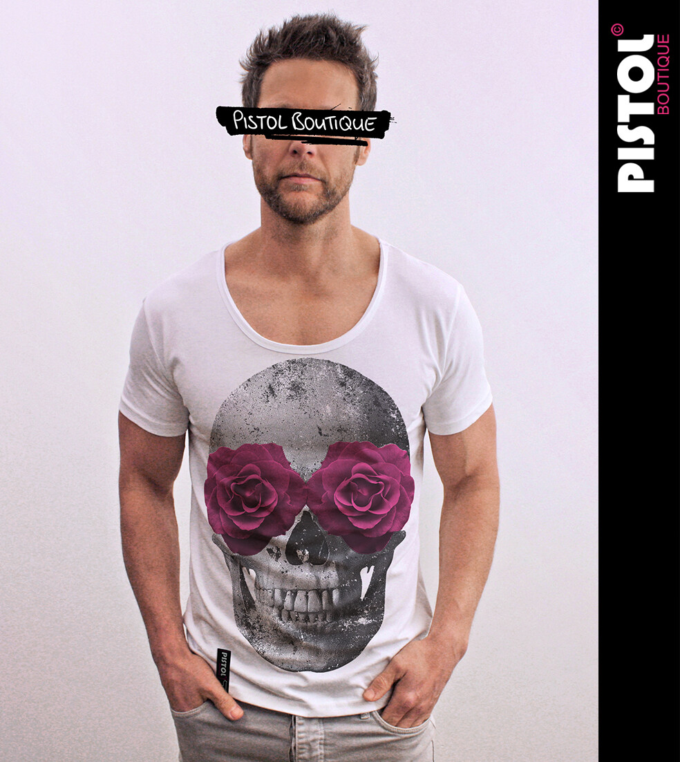Pistol Boutique Men's Fitted White Round Scoop Neck ROSE EYES SKULL T-shirt gallery