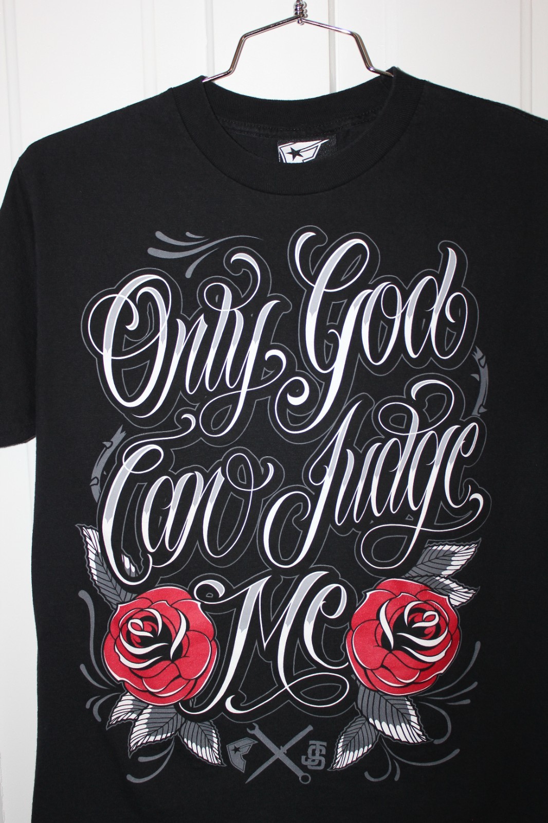 Famous Stars and Straps T-Shirt Black MEDIUM Only God Can Judge Me Y2K Roses JS gallery