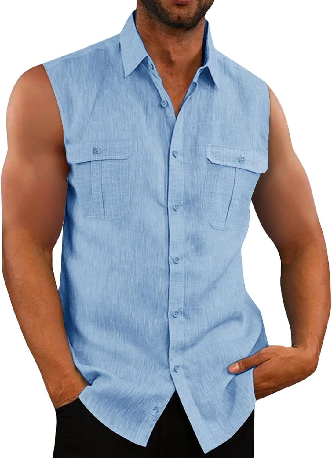 Mens Linen Cotton Sleeveless Button Down Shirt Summer Beach Casual Top gallery