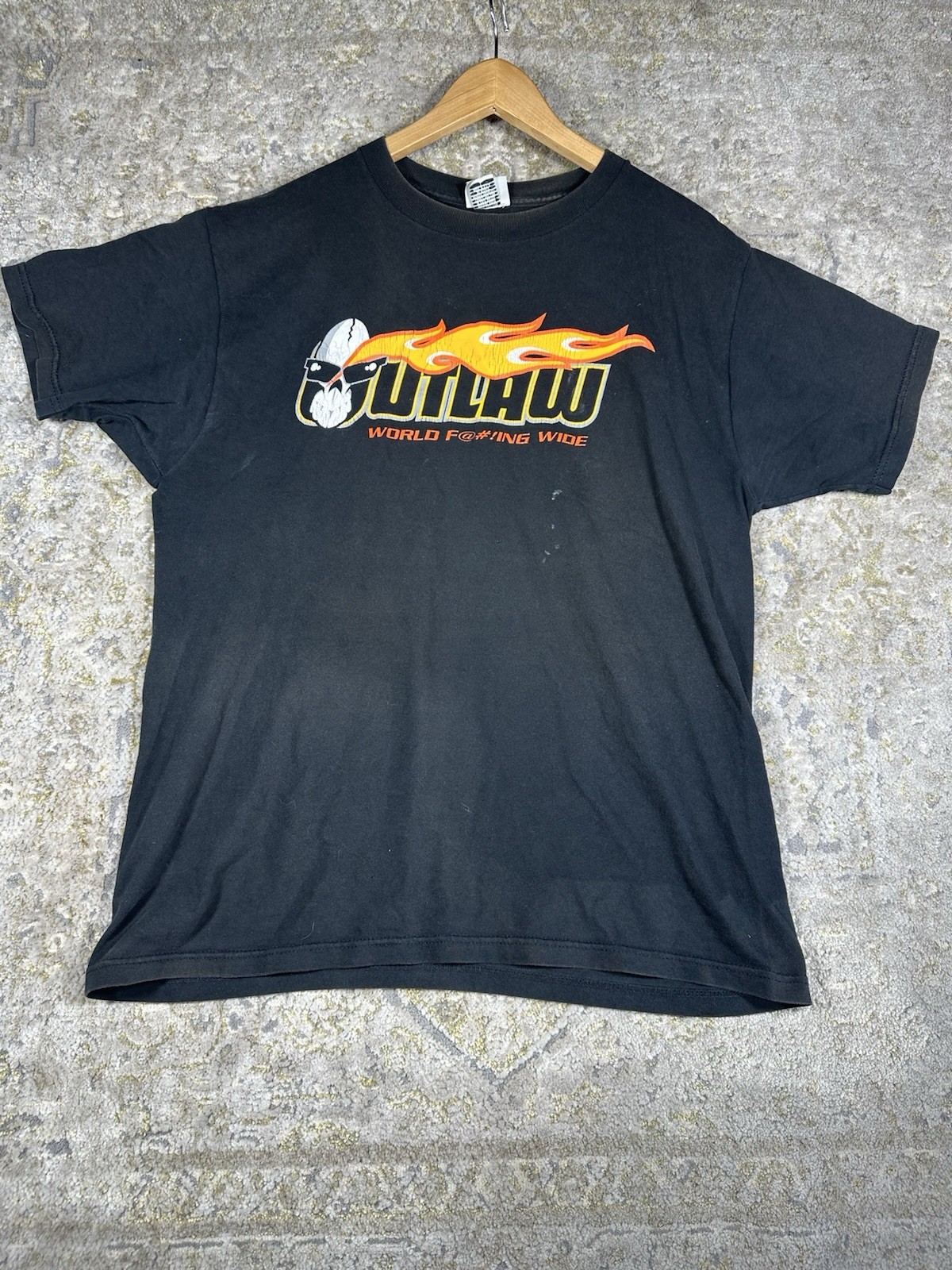 Vtg Outlaw USA Flaming Logo T Shirt Large Y2K Streetwear World F@#%!ng Wide gallery