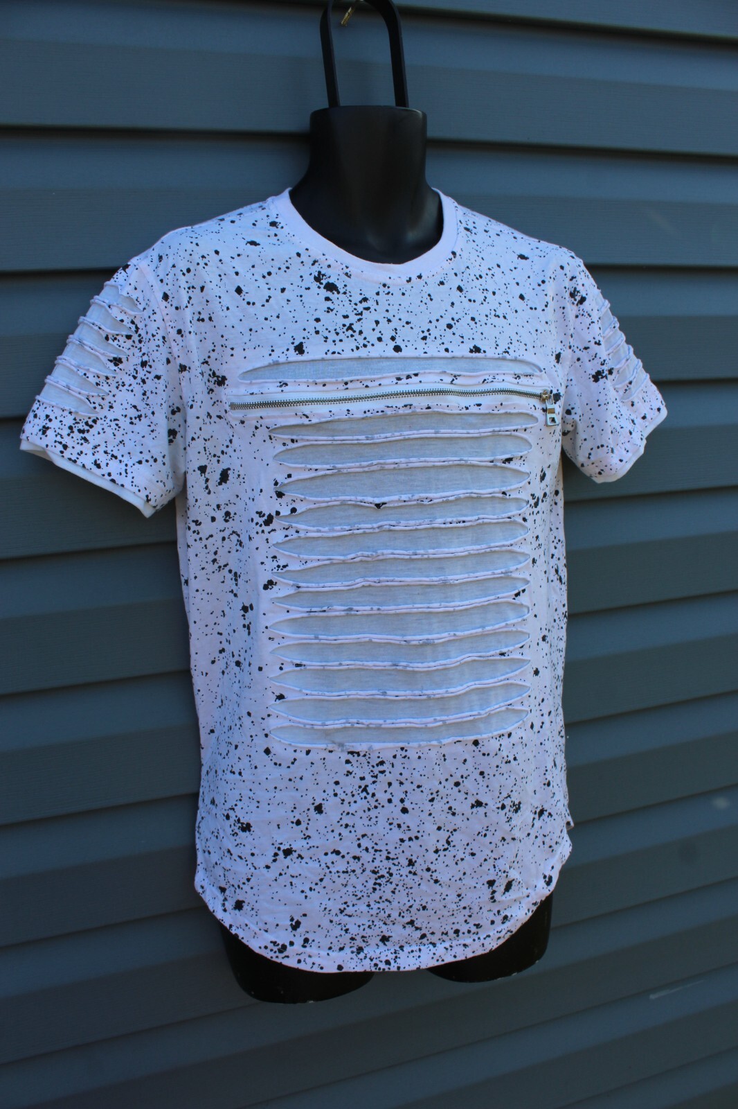Carbon Short Sleeve Paint Splatter Distressed Shirt Shredded Zipper Size MEDIUM gallery
