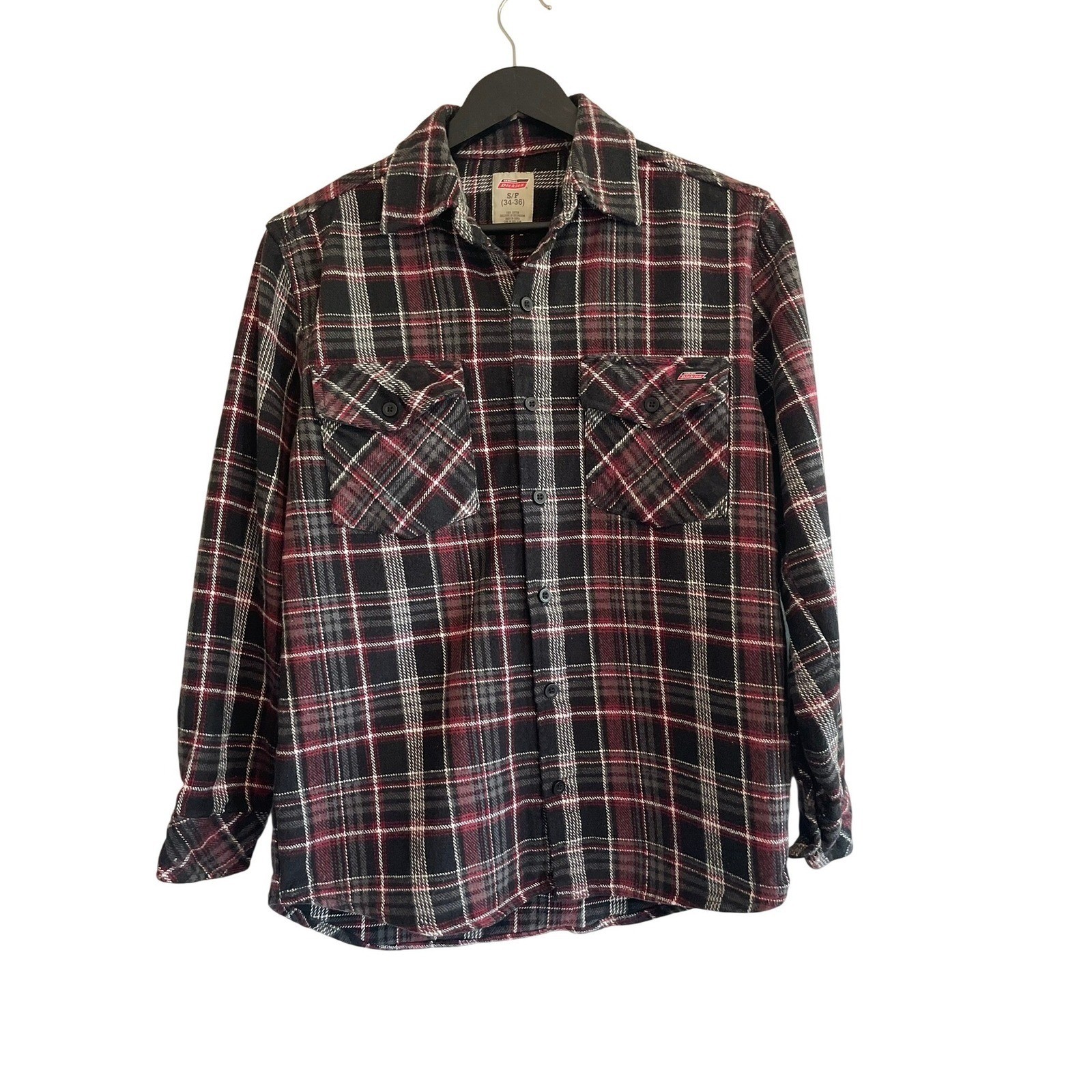 Genuine Dickies Men 100% Cotton Red Black Plaid Flannel Button Down Shirt S gallery