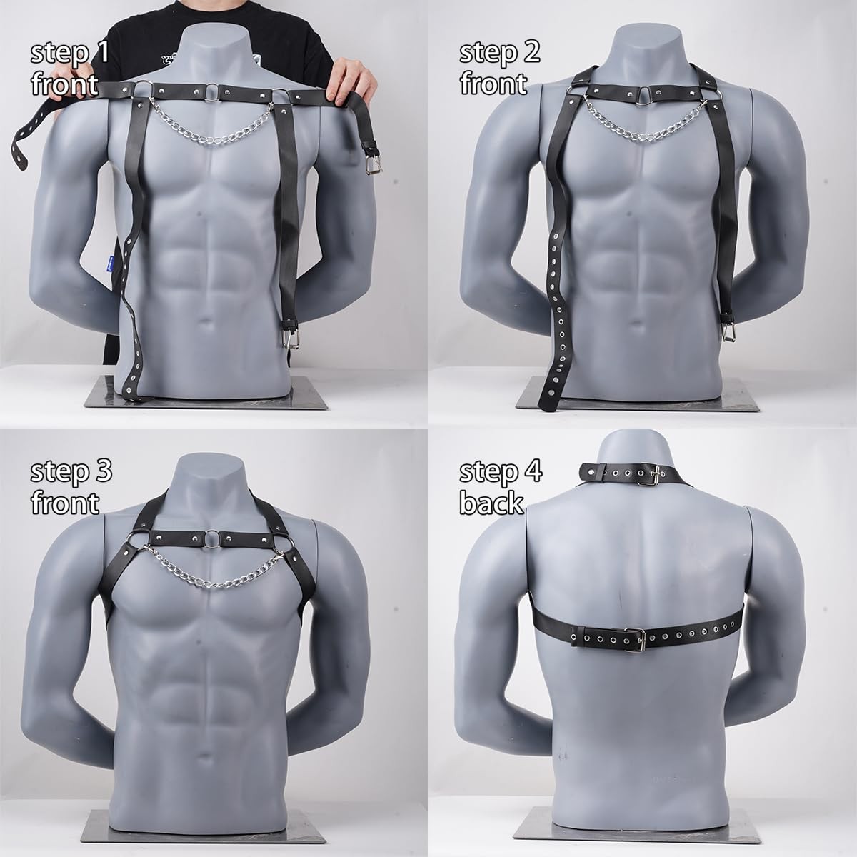 Men’s Adjustable Faux Leather Chest Harness Belt with Alloy Chain, Gothic Pun... gallery
