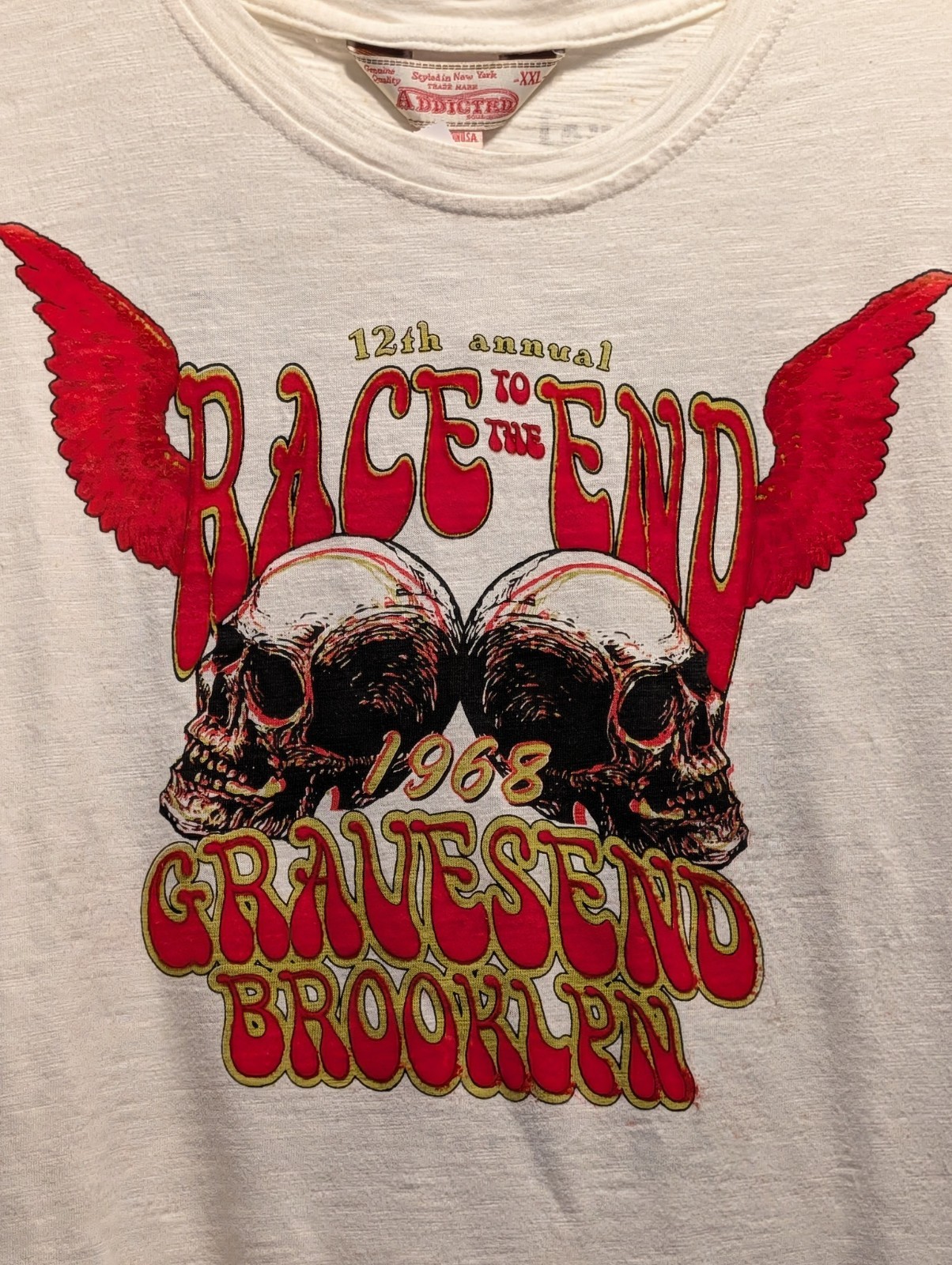 NWT Addicted Soul Motor Co. T-Shirt XXL Race To The End Brooklyn Skulls + Pin gallery
