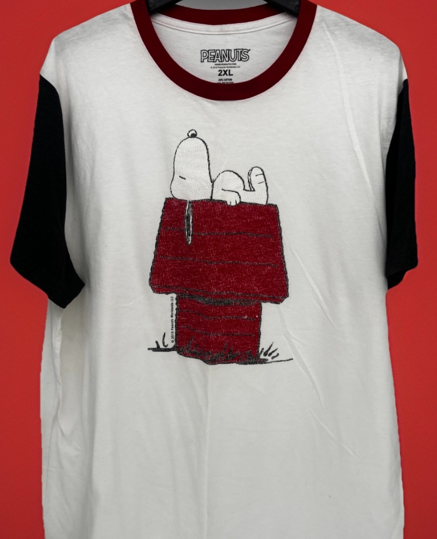 Peanuts Snoopy Men's 2XL White/Black/Red Ringer Graphic Crew Neck T-Shirt Jersey gallery