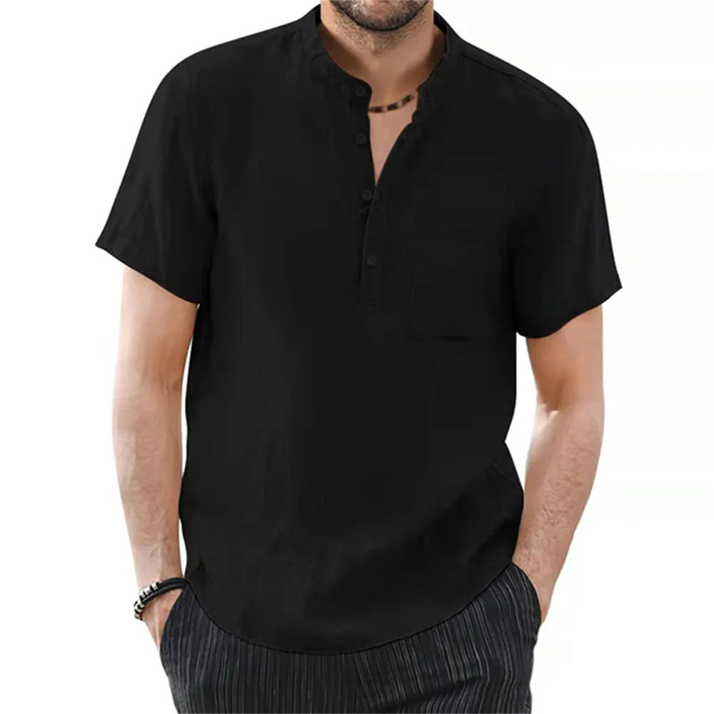 Men's Short Sleeve T-shirt Cotton and Linen Casual Men T-shirts Solid Color gallery