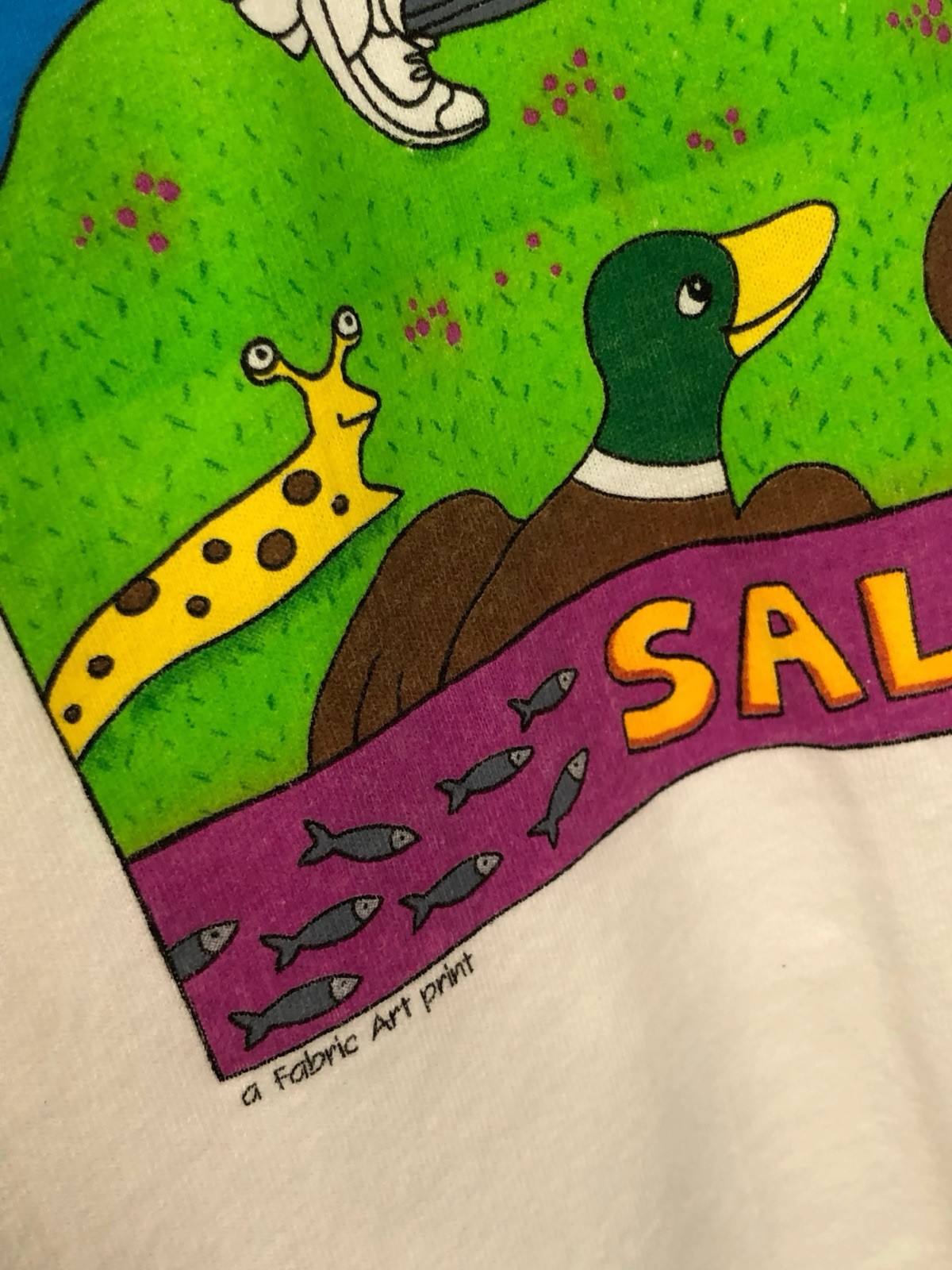 Vtg Fabric Art White Single Stitch Salmon Run XL Long Sleeve Rebecca Lee Baldwin gallery