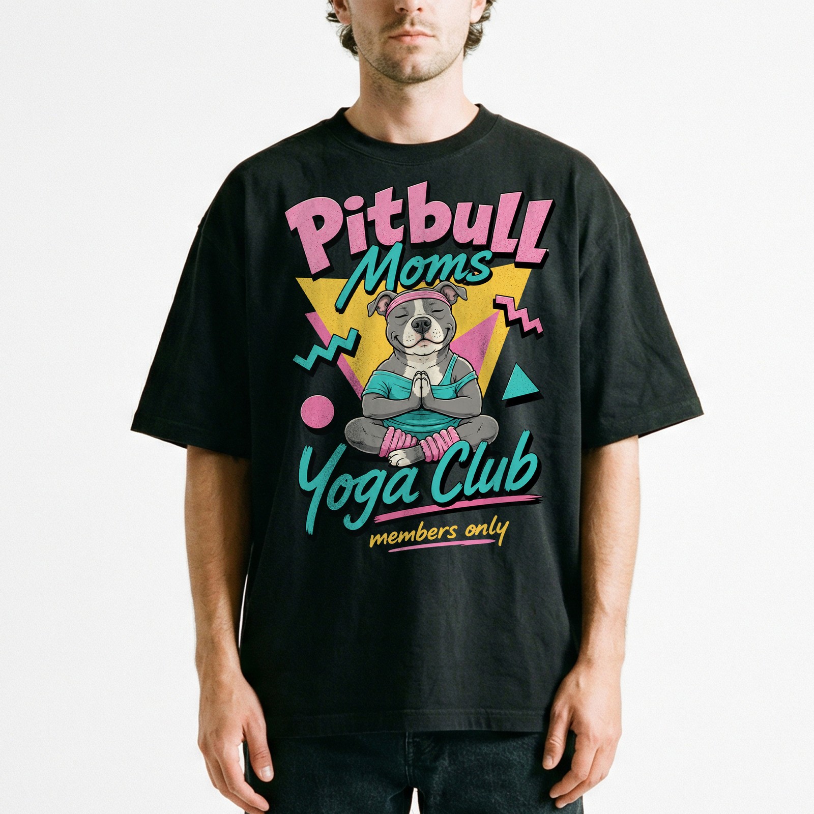 Pitbull Moms Yoga Club Geometric Retro Pink Lover T-Shirt Namaste Puppy Tee gallery