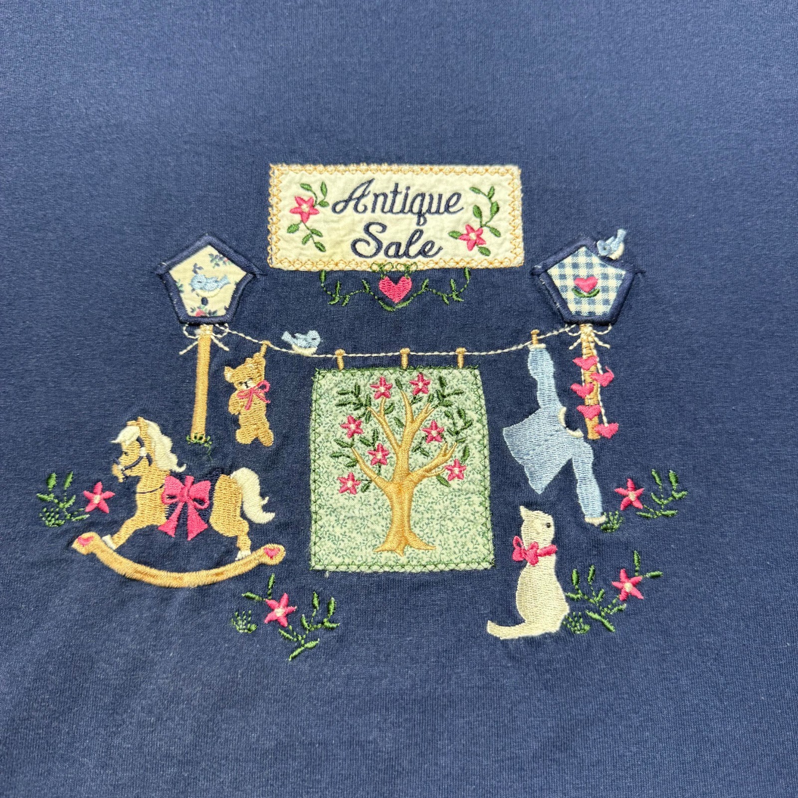 Vintage 90s Antique Sale Quilt Horse Cat Embroidered Graphic T-Shirt USA - XL gallery