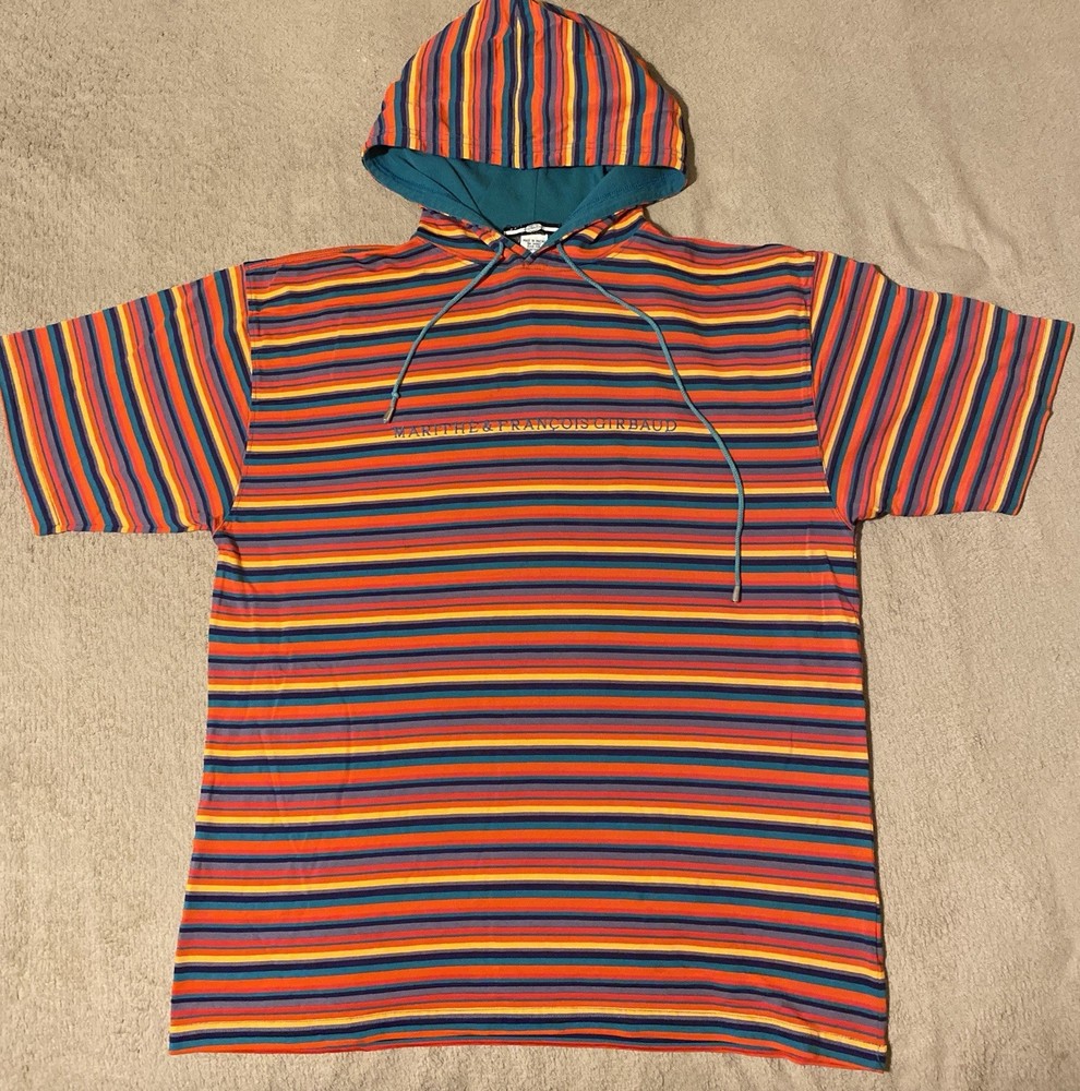 VTG 90’s Marithe Francois Girbaud Mens Colorful Stripped Hooded T-Shirt Size M