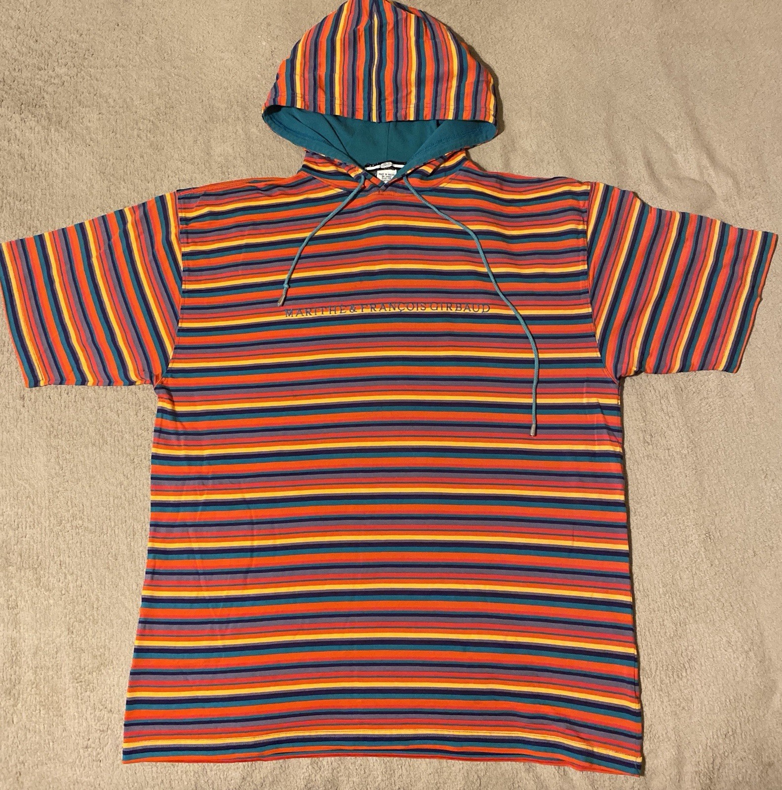 VTG 90’s Marithe Francois Girbaud Mens Colorful Stripped Hooded T-Shirt Size M
