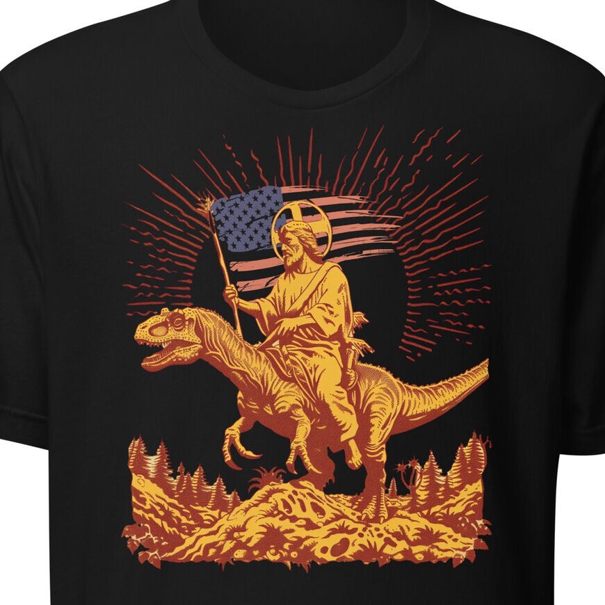 Jesus Riding Dinosaur Shirt Funny USA American Flag Christian Patriotic Humor gallery