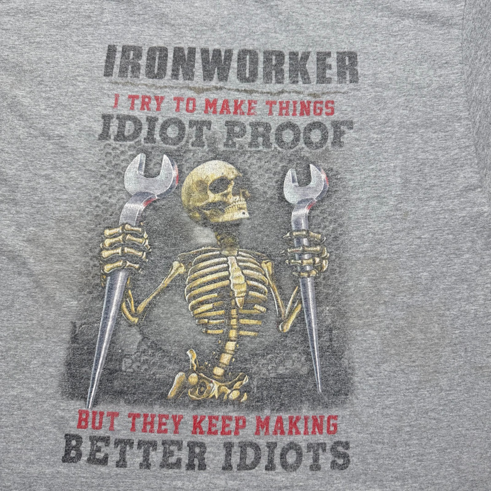 Vintage 90s Y2K Hanes Ironworker Idiot Proof Better Idiots Skeleton Shirt Large gallery