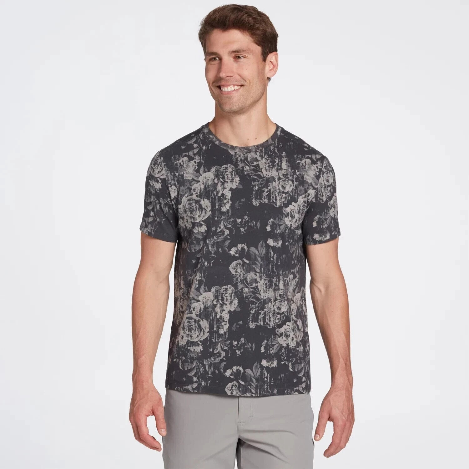 VRST Men's Washed Tee Print Monochromatic Floral Gray Small gallery
