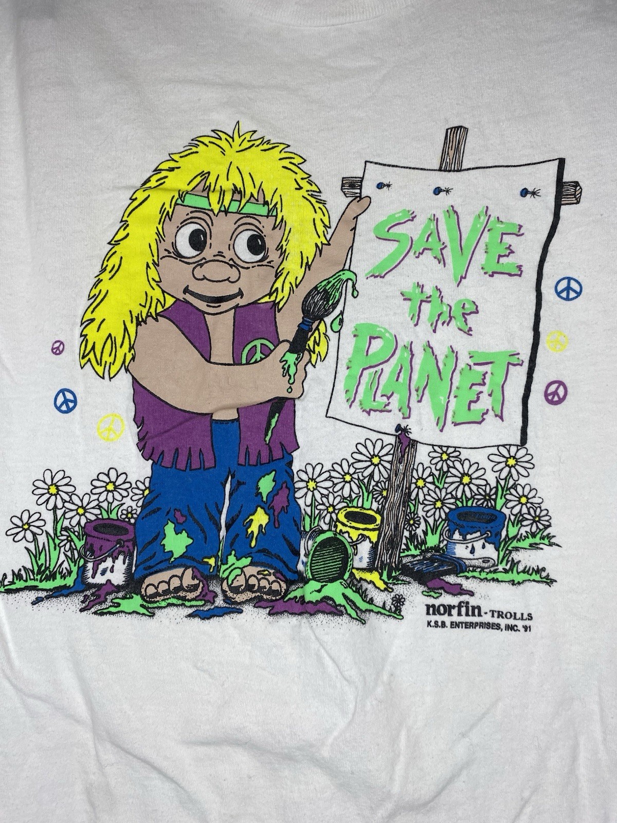 1992 Norfin Trolls Vintage Save The Planet Hippie T Shirt White Size Medium gallery