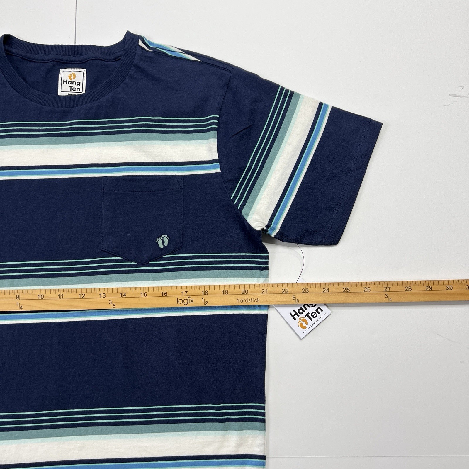Hang Ten Striped Pocket Tshirt Blue White Short Sleeve Black Size Small NWT gallery