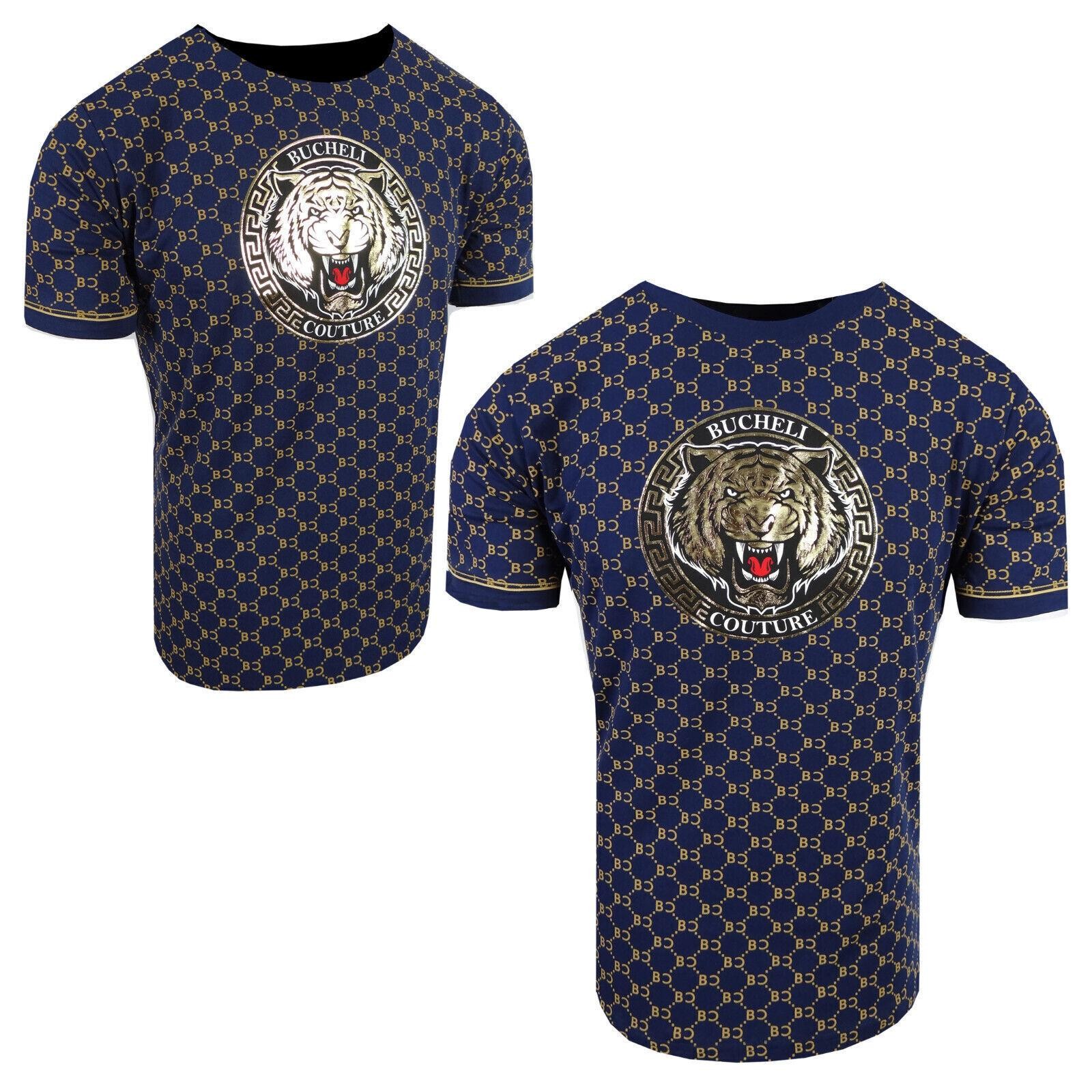 Designer T-Shirt Blue Bucheli Italian Logo Stripe Men Shiny Gold Tiger Slim Fit