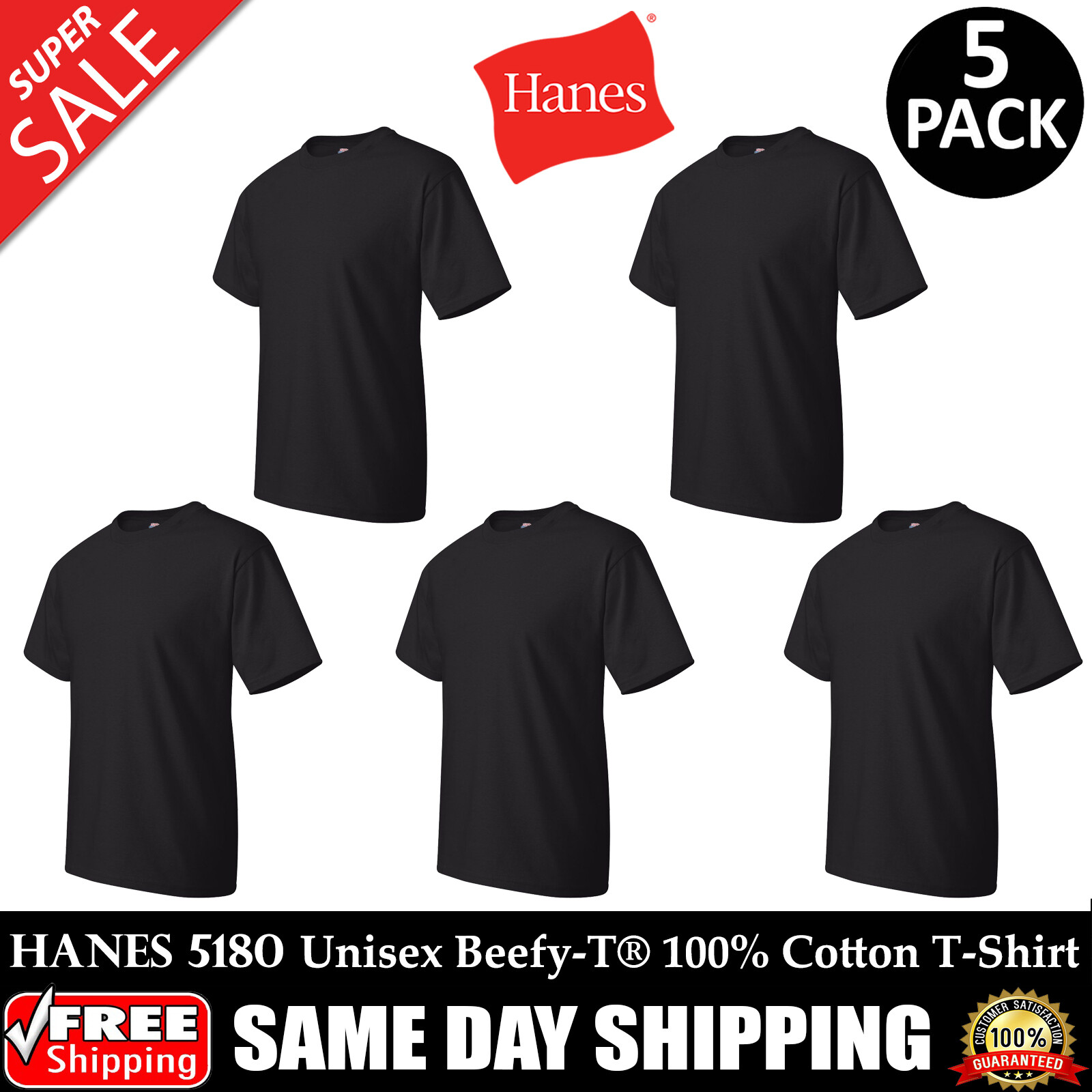 PACK OF 5 HANES PLAIN Mens Black T Shirt Blank Wholesale T-Shirt – 5180 S-XL