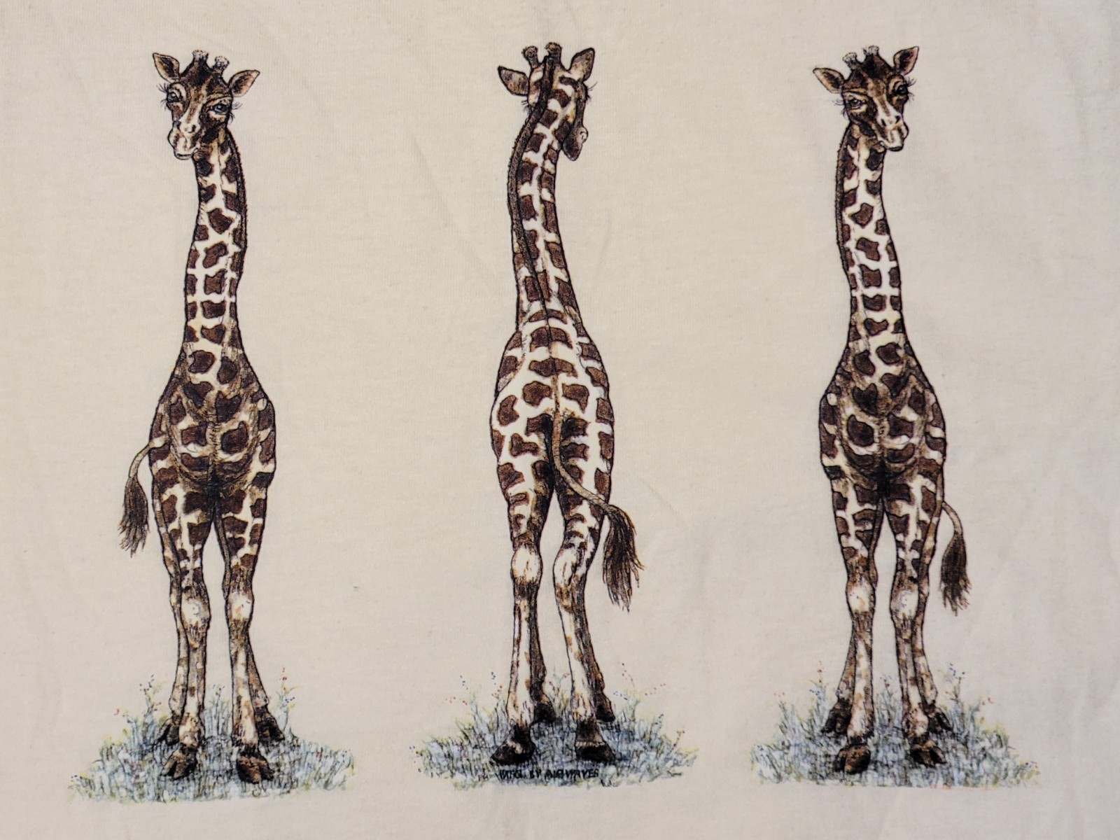 VTG XL Pale Yellow Hanes T-shirt features a Graphic of Three Giraffes gallery