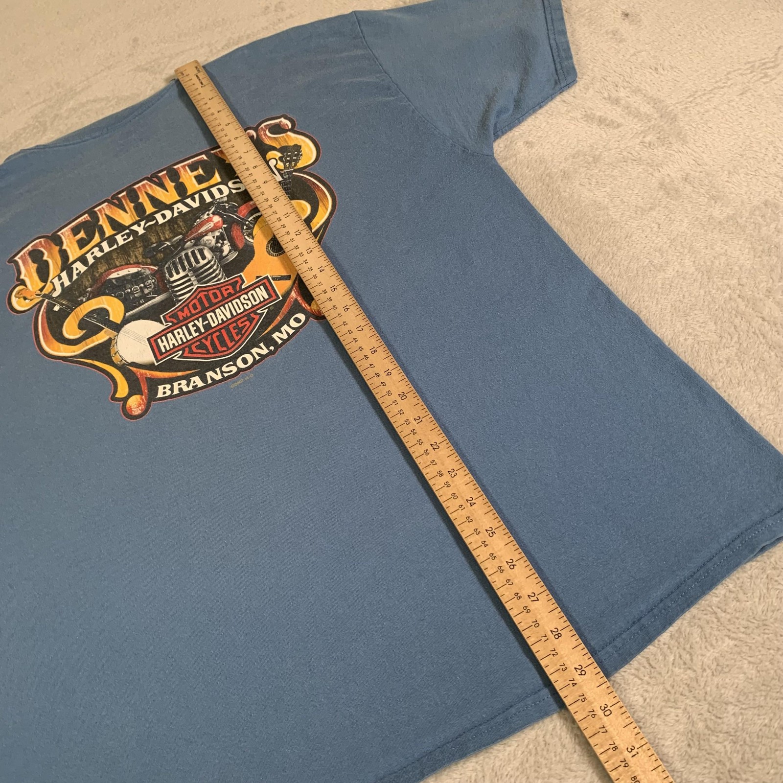 Harley Davidson Shirt Mens XL Blue Denney's Branson Missouri Pocket Graphic FLAW gallery