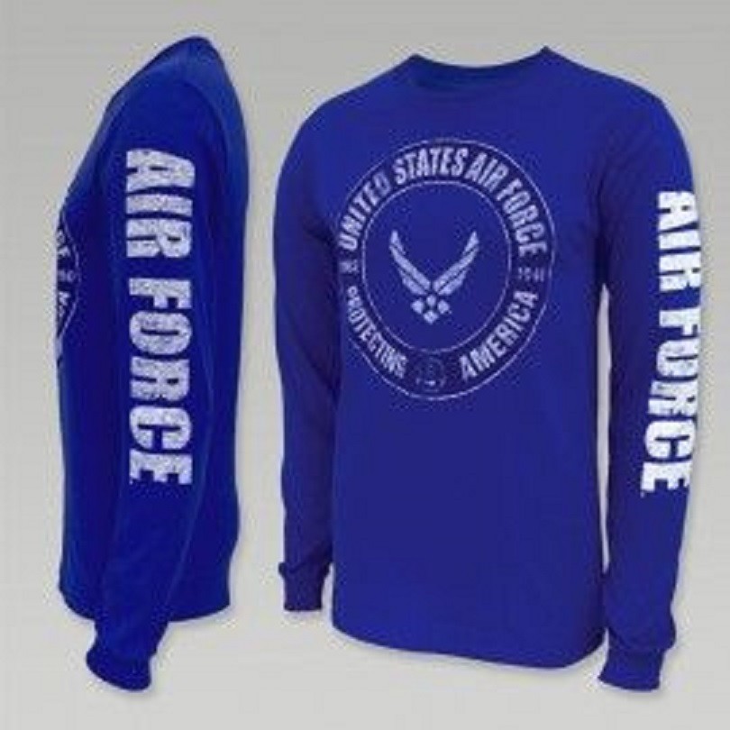 US Air Force Long Sleeve Blue T-Shirt Protecting America USAF Vet Sleeve Print gallery