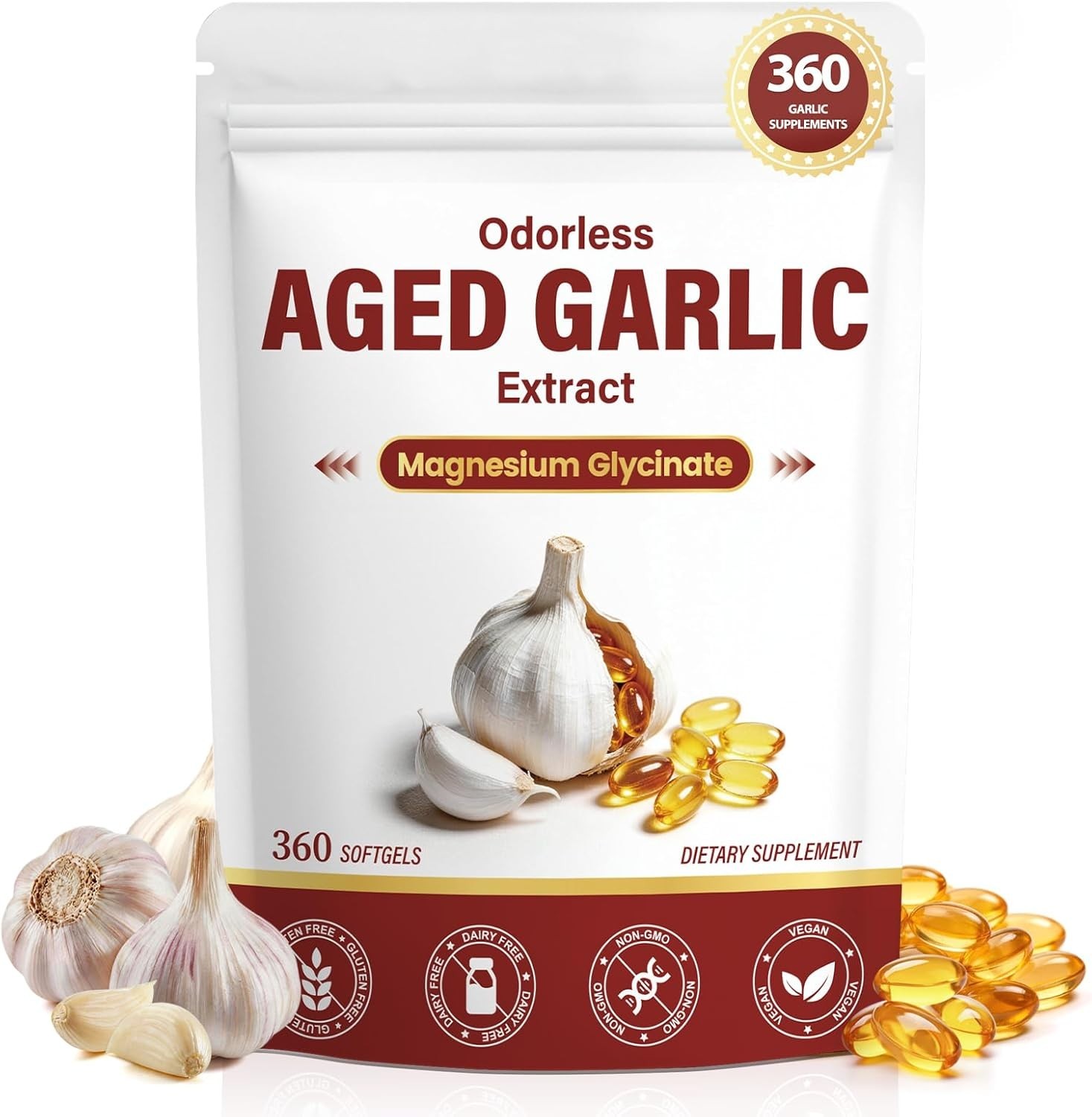 2-Year Odorless Aged Garlic Extract SOFTGELS,with Magnesium, Vitamin B1, B9