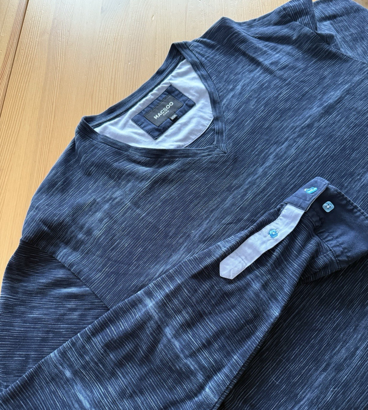 Maceoo Paris USA Shirt Men 6 / 2XL Navy V Neck Flip Cuff Long Sleeve gallery
