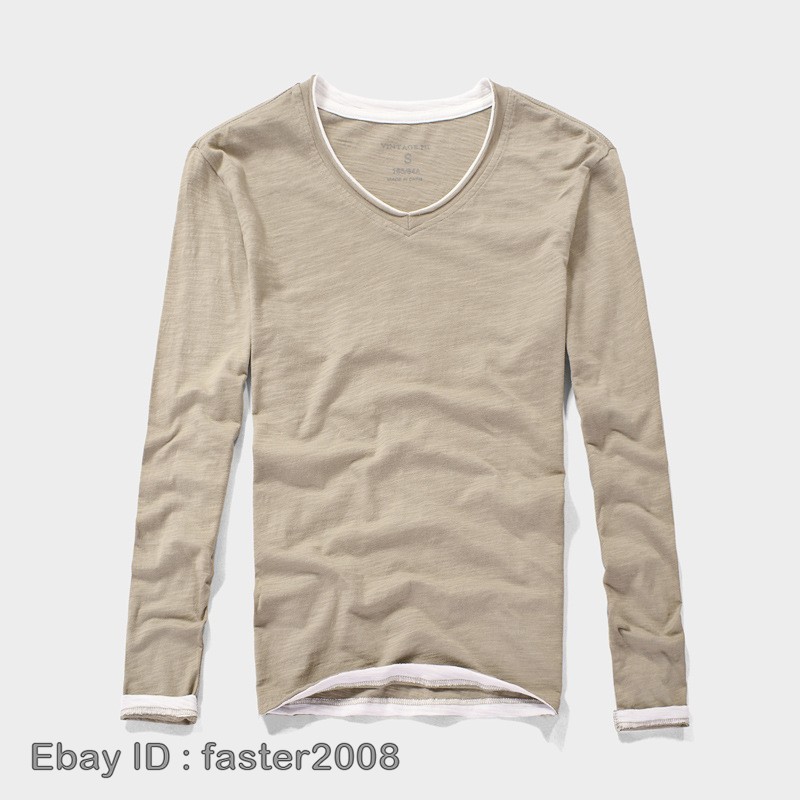 Hot Mens Long-Sleeved T-Shirts New Cotton V-Neck Solid Color Casual Slim Tops gallery