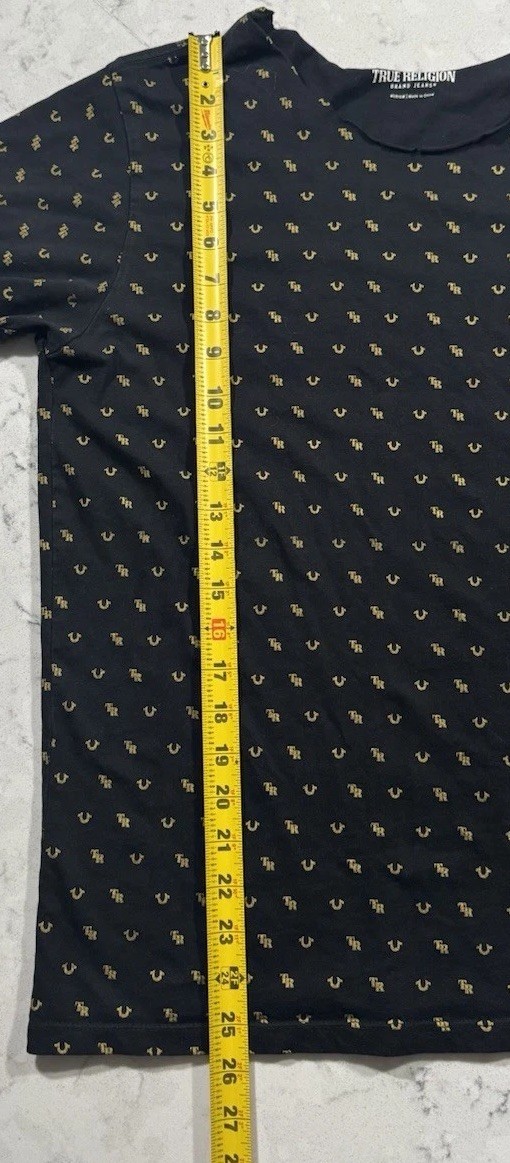 True Religion T-Shirt Mens Medium Black Gold All Over Monogram Signature Logo gallery