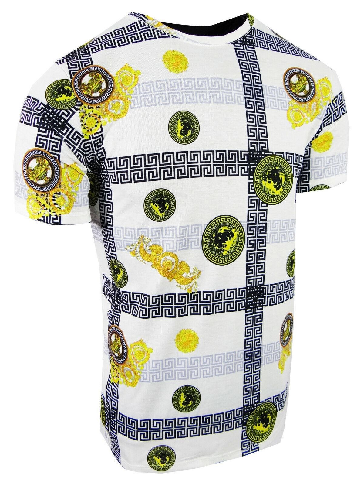 Mens White T-Shirt Designer Italian Stripe Gold Leaf Floral Animal Slim Fit gallery