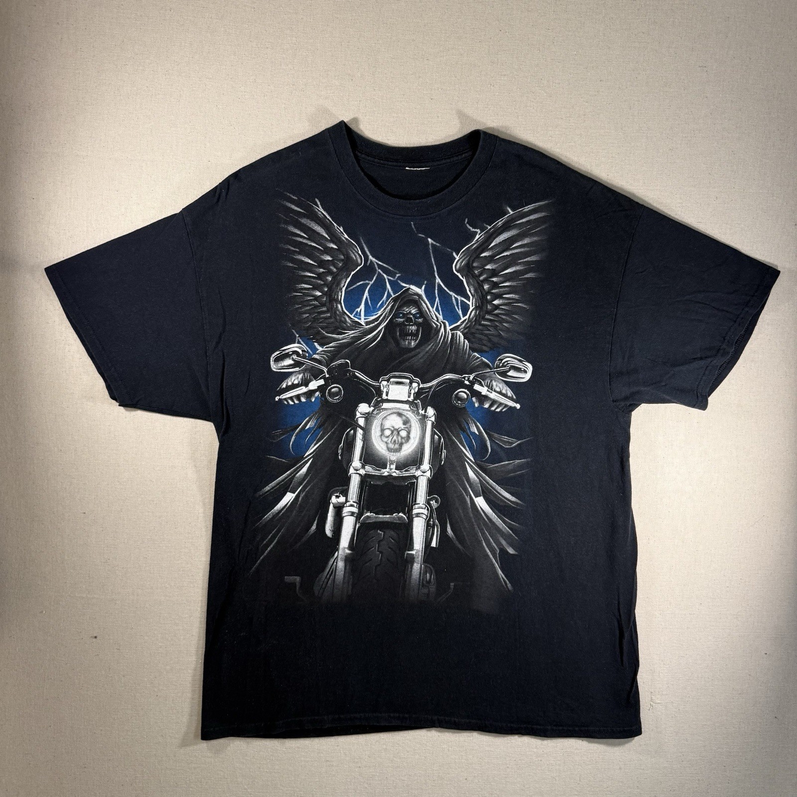 Vintage Grim Reaper Motorcycle Biker Skull L T Shirt Skeleton Goth Grunge 90s gallery
