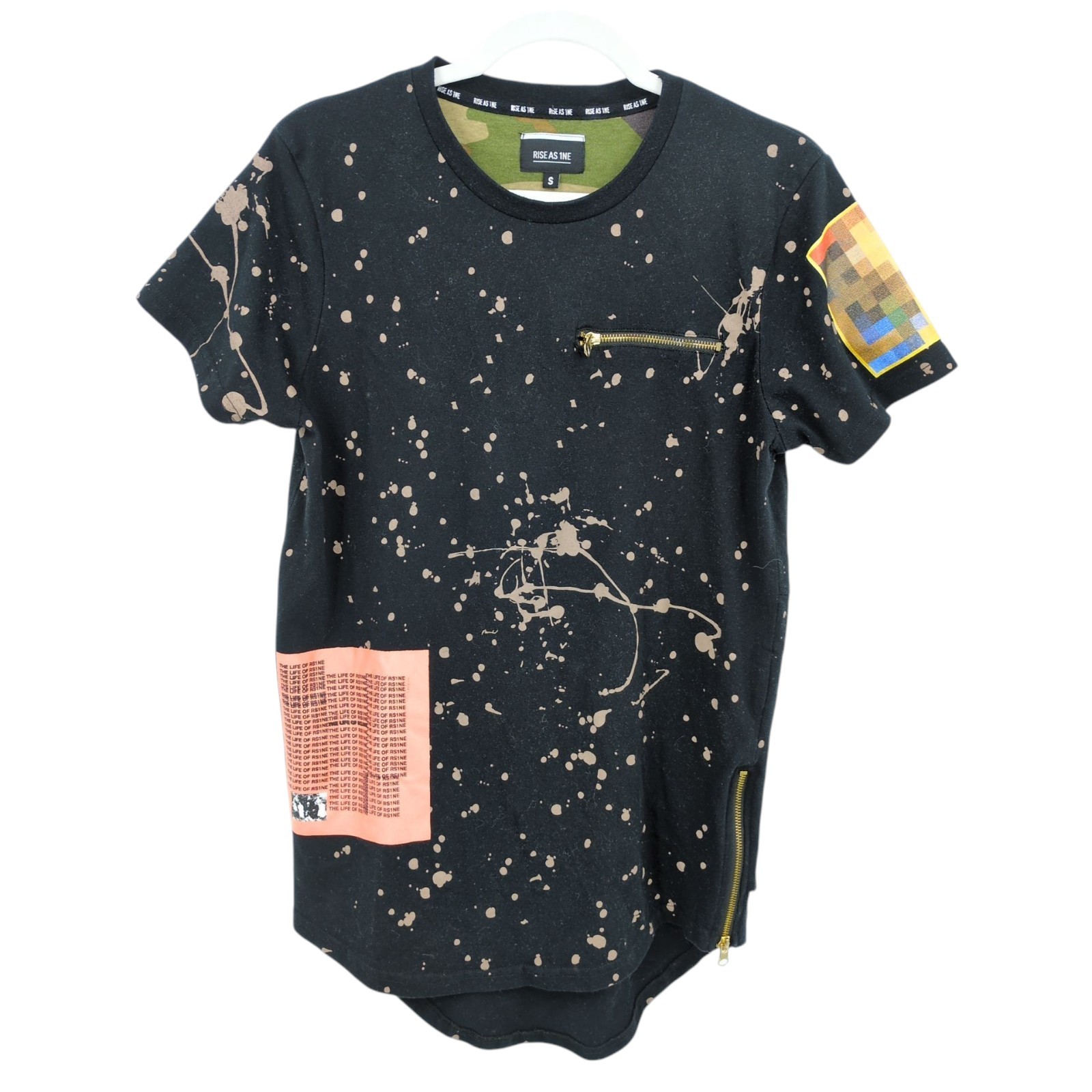 Rise As 1ne Men Small Colored Paint Patched Zipper Yeezy Longline T Shirt Black gallery