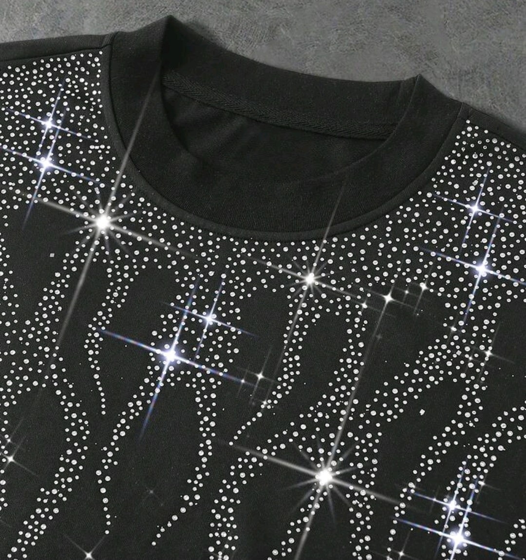 New Men Luxury Diamond Flame Rhinestones Fashion Black T-Shirt High Quality gallery