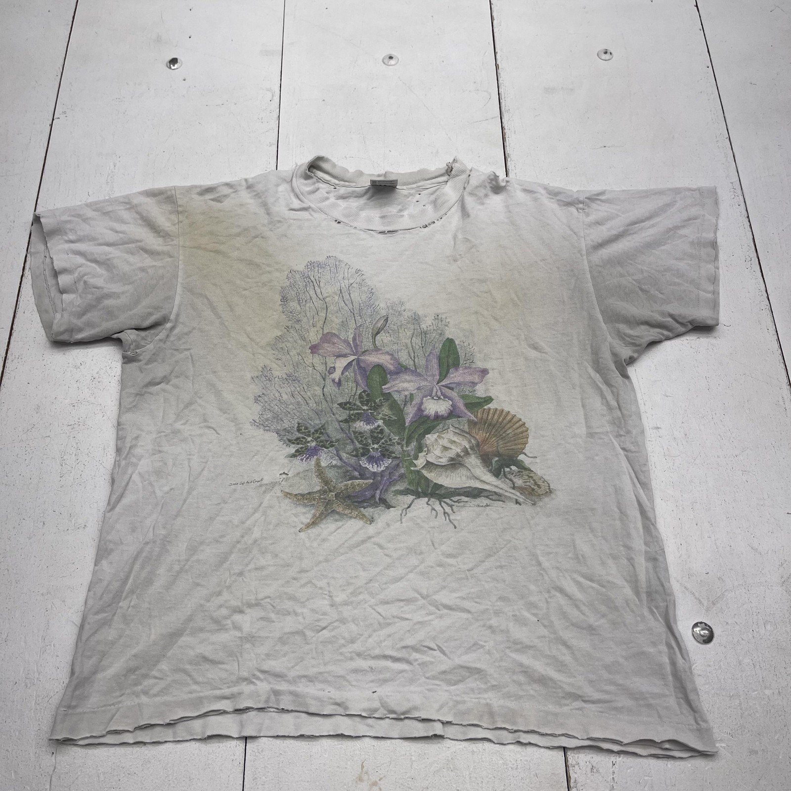 Vintage Anvil Shirt Mens Large Gray Ocean Sea Life Floral Nature Graphic Tee USA