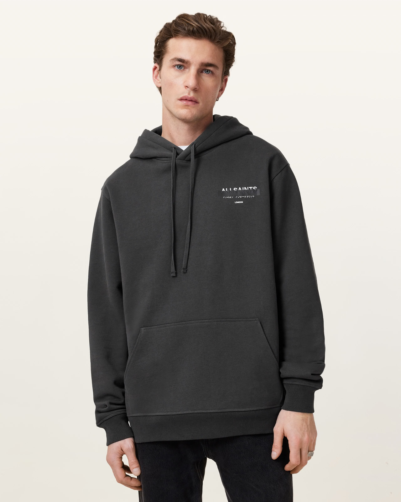 All Saints Mens Redact Washed Black Hoodie Relaxed Fit Embroidered Sweatshirt gallery