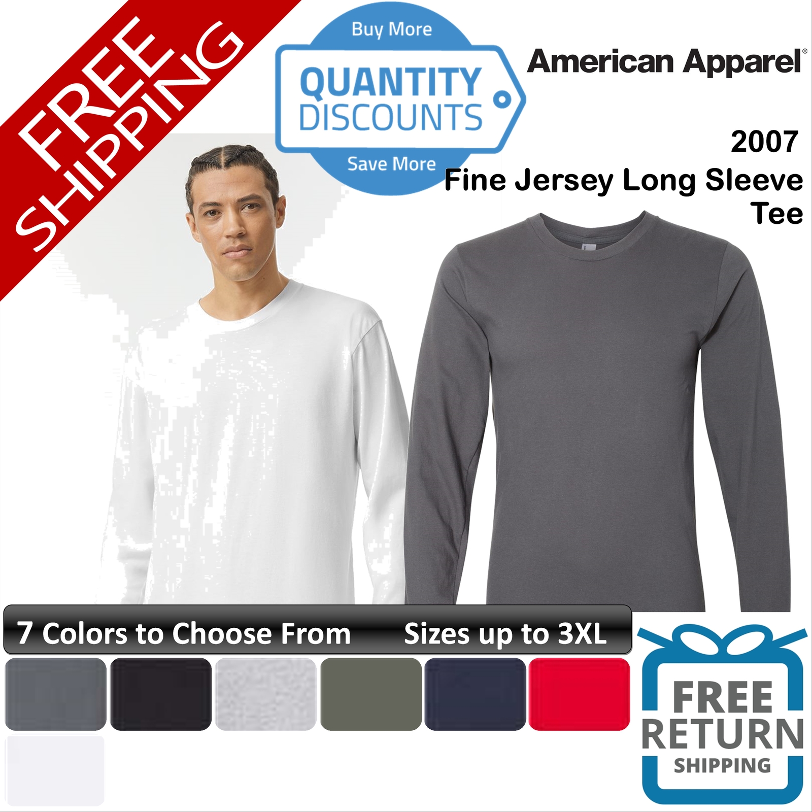 🔥 American Apparel Men Fine Jersey Long Sleeve Tee Shirt Classic Up To 3XL 2007