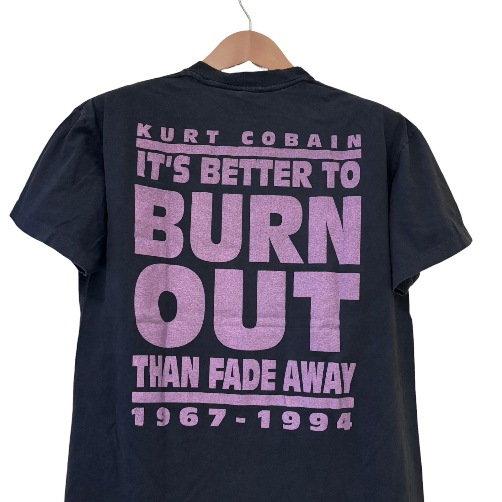 Nirvana 90s Kurt Cobain “Its Better To Burn Out Than Fade Away” REPRINT Shirt L gallery