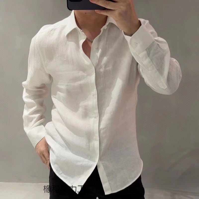 Cotton and Linen Solid-color Long-sleeved Shirts Mens Loose Tops Business Shirts gallery